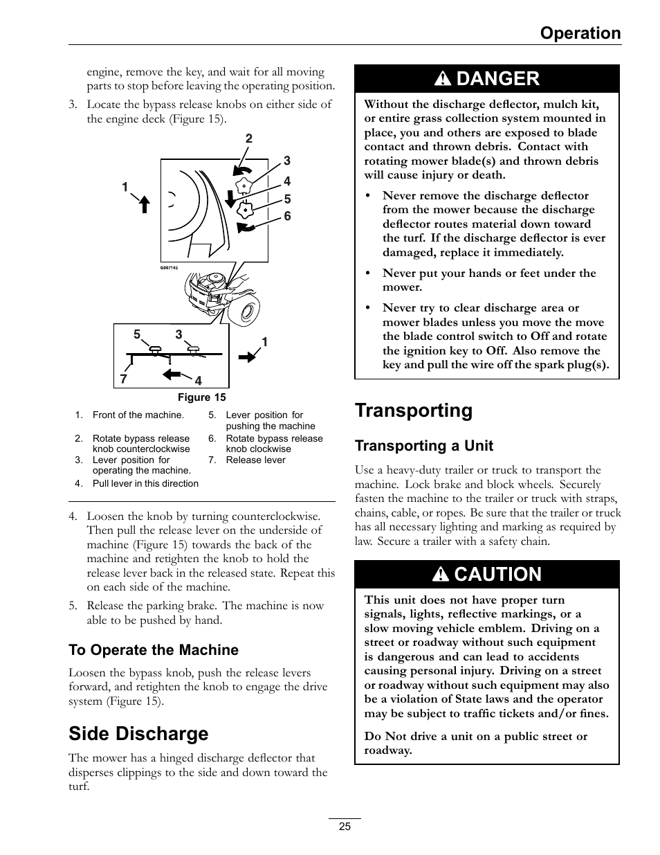 Side discharge transporting, Side discharge, Danger | Transporting, Caution, Operation, Transporting a unit | Exmark Quest 4500-450 User Manual | Page 25 / 56