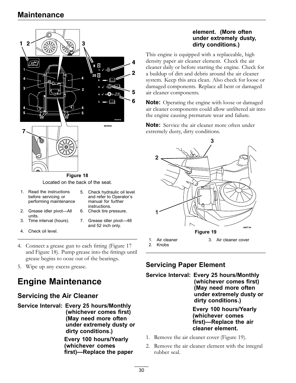 Engine maintenance, Figure 18), Maintenance | Servicing the air cleaner, Servicing paper element | Exmark Quest 4500-450 User Manual | Page 30 / 56