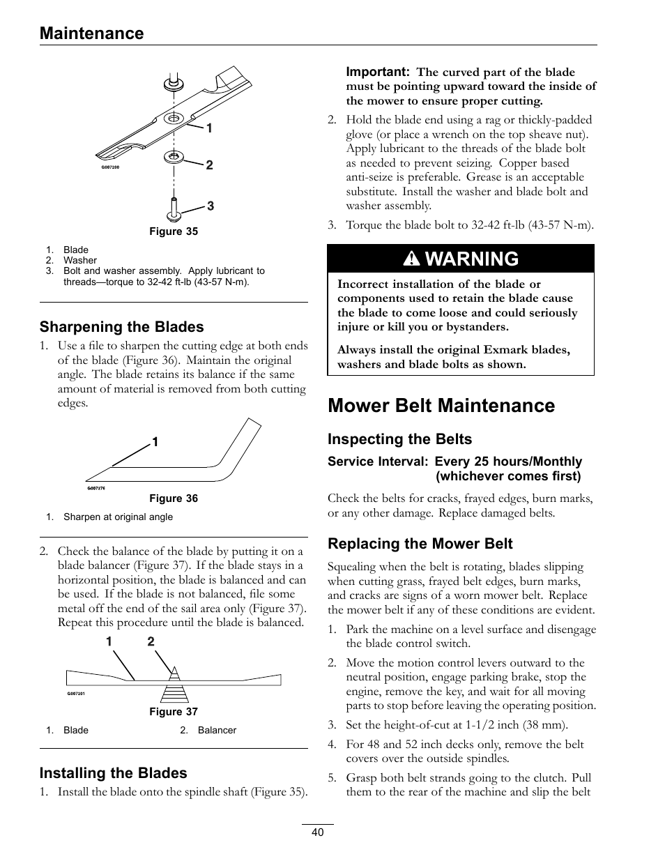 Mower belt maintenance, Figure 35, Warning | Maintenance, Sharpening the blades, Installing the blades, Inspecting the belts, Replacing the mower belt | Exmark Quest 4500-450 User Manual | Page 40 / 56