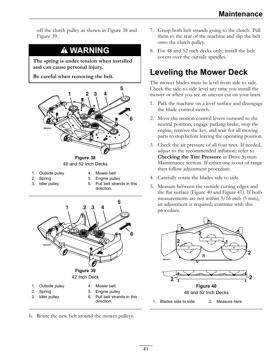 Leveling the mower deck, Warning, Maintenance | Exmark Quest 4500-450 User Manual | Page 41 / 56
