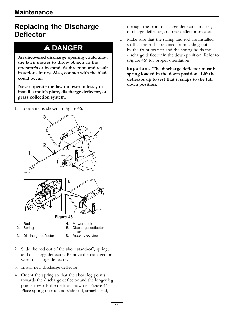 Replacing the discharge deflector, Replacing the discharge deflector danger, Maintenance | Exmark Quest 4500-450 User Manual | Page 44 / 56