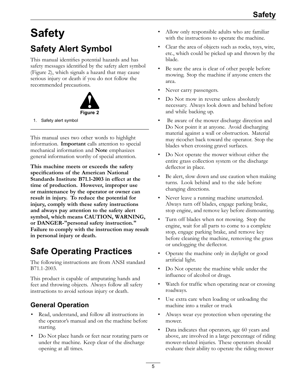 Safety, Safety alert symbol safe operating practices, Safety alert symbol | Safe operating practices | Exmark Quest 4500-450 User Manual | Page 5 / 56