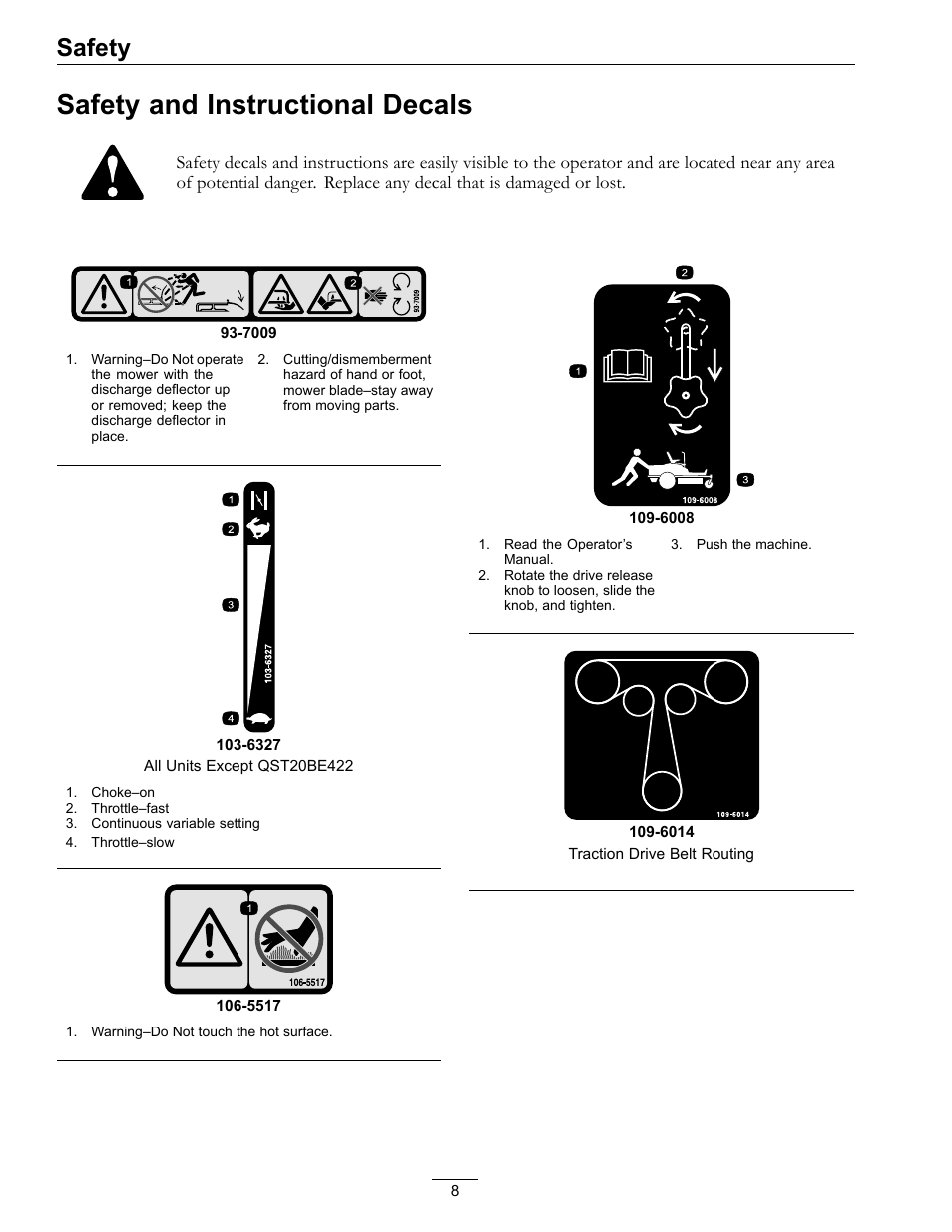 Safety and instructional decals, Safety | Exmark Quest 4500-450 User Manual | Page 8 / 56