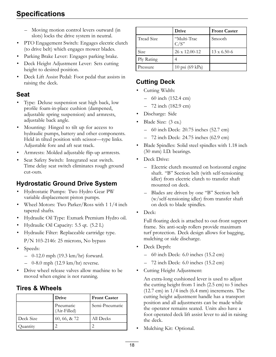 Specifications | Exmark Lazer Z D-Series 920 User Manual | Page 18 / 60