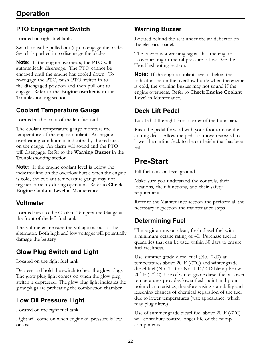 Pre-start, Operation | Exmark Lazer Z D-Series 920 User Manual | Page 22 / 60