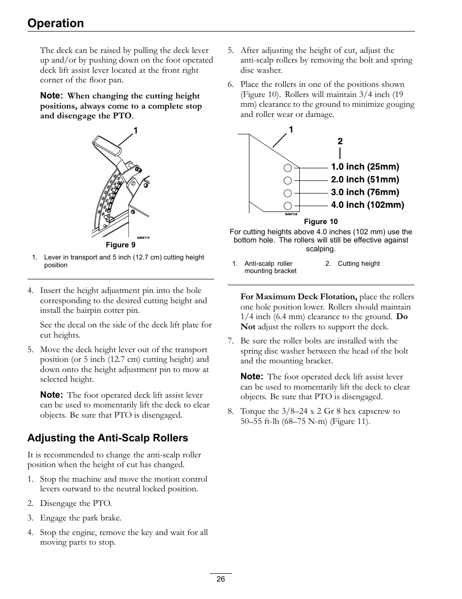 Operation, Adjusting the anti-scalp rollers | Exmark Lazer Z D-Series 920 User Manual | Page 26 / 60