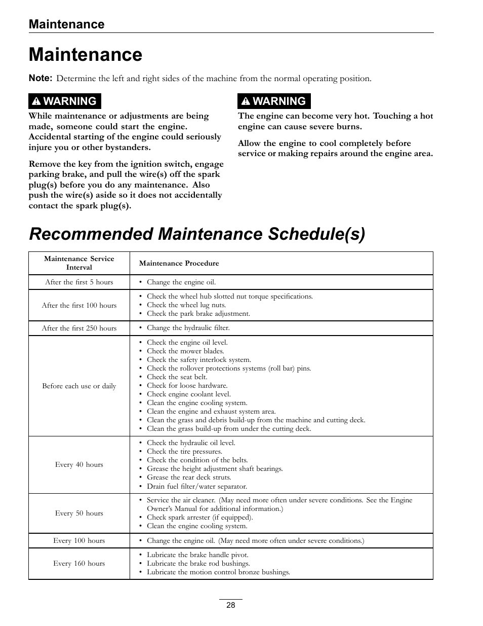 Maintenance, Recommended maintenance schedule(s), Warning | Exmark Lazer Z D-Series 920 User Manual | Page 28 / 60