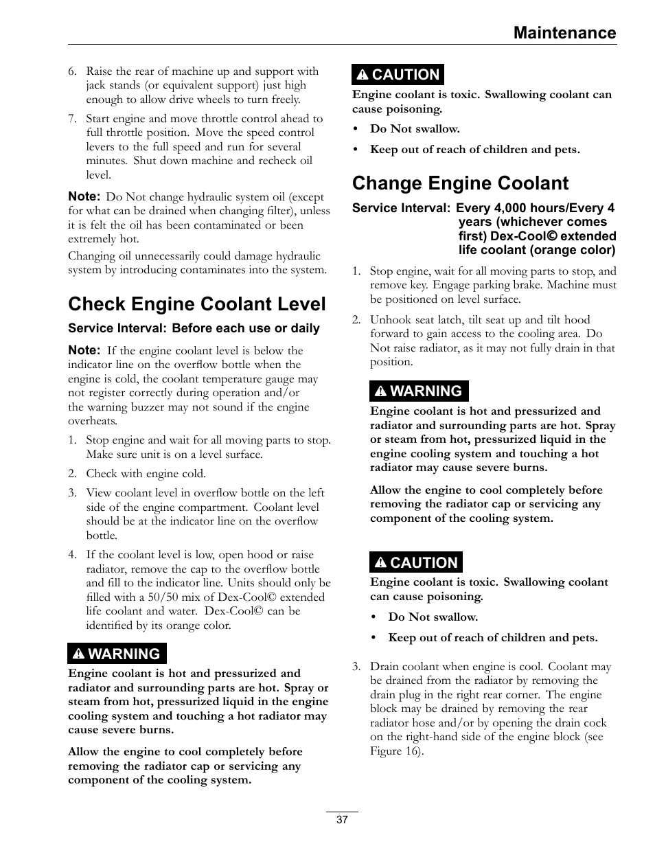 Check engine coolant level change engine coolant, Check engine coolant level, Change engine coolant | Maintenance | Exmark Lazer Z D-Series 920 User Manual | Page 37 / 60