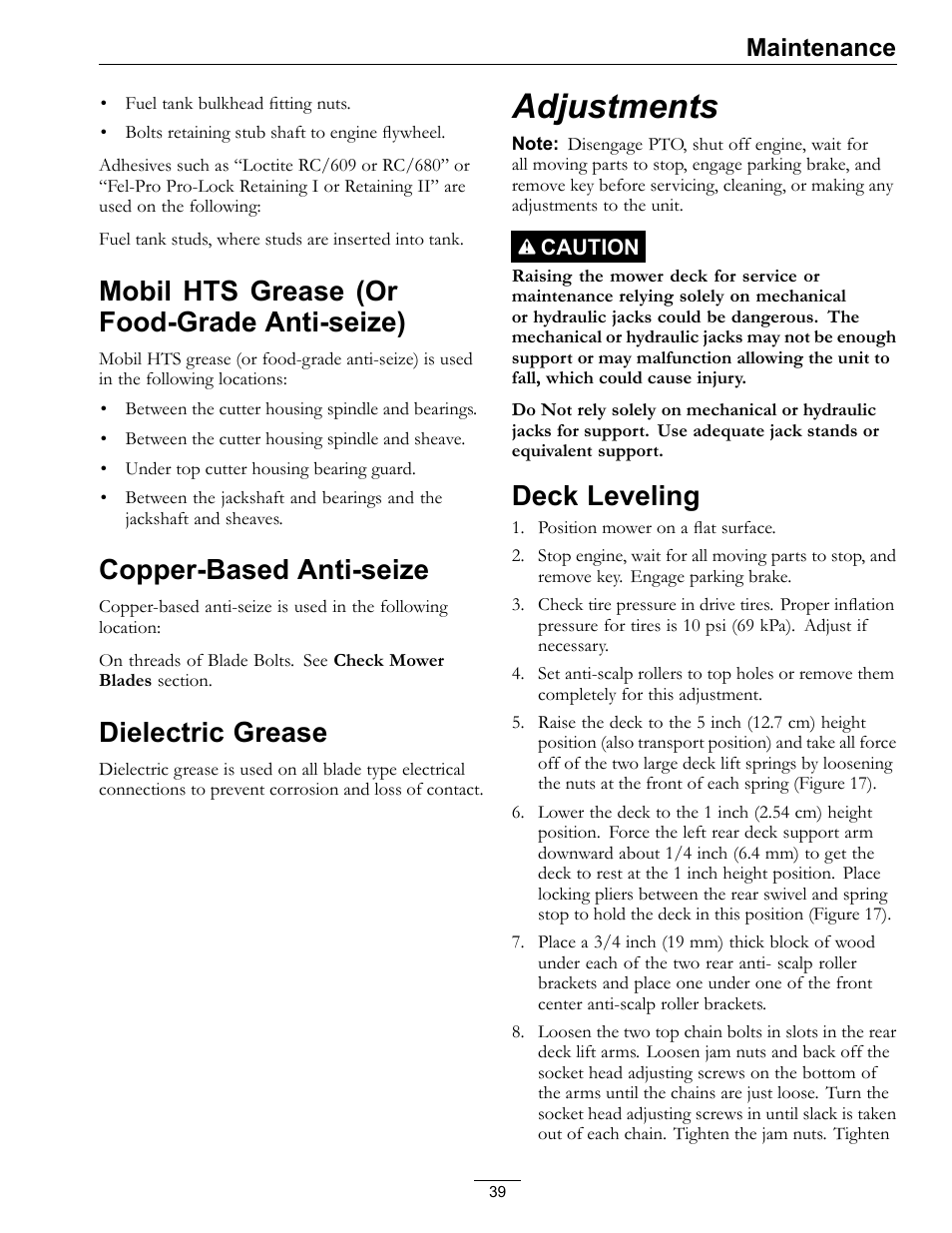 Mobil hts grease (or food-grade, Anti-seize), Copper-based anti-seize | Dielectric grease, Adjustments, Deck leveling, Mobil hts grease (or food-grade anti-seize), Maintenance | Exmark Lazer Z D-Series 920 User Manual | Page 39 / 60