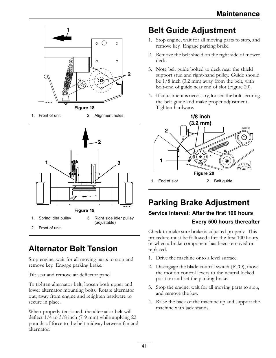 Figure 18, Figure 19, Alternator belt tension | Belt guide adjustment, Parking brake adjustment, Maintenance | Exmark Lazer Z D-Series 920 User Manual | Page 41 / 60