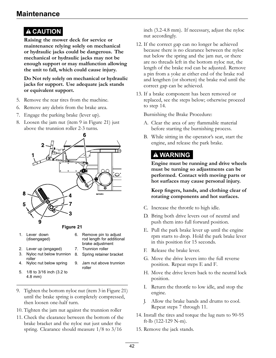 Maintenance, Caution, Warning | Exmark Lazer Z D-Series 920 User Manual | Page 42 / 60