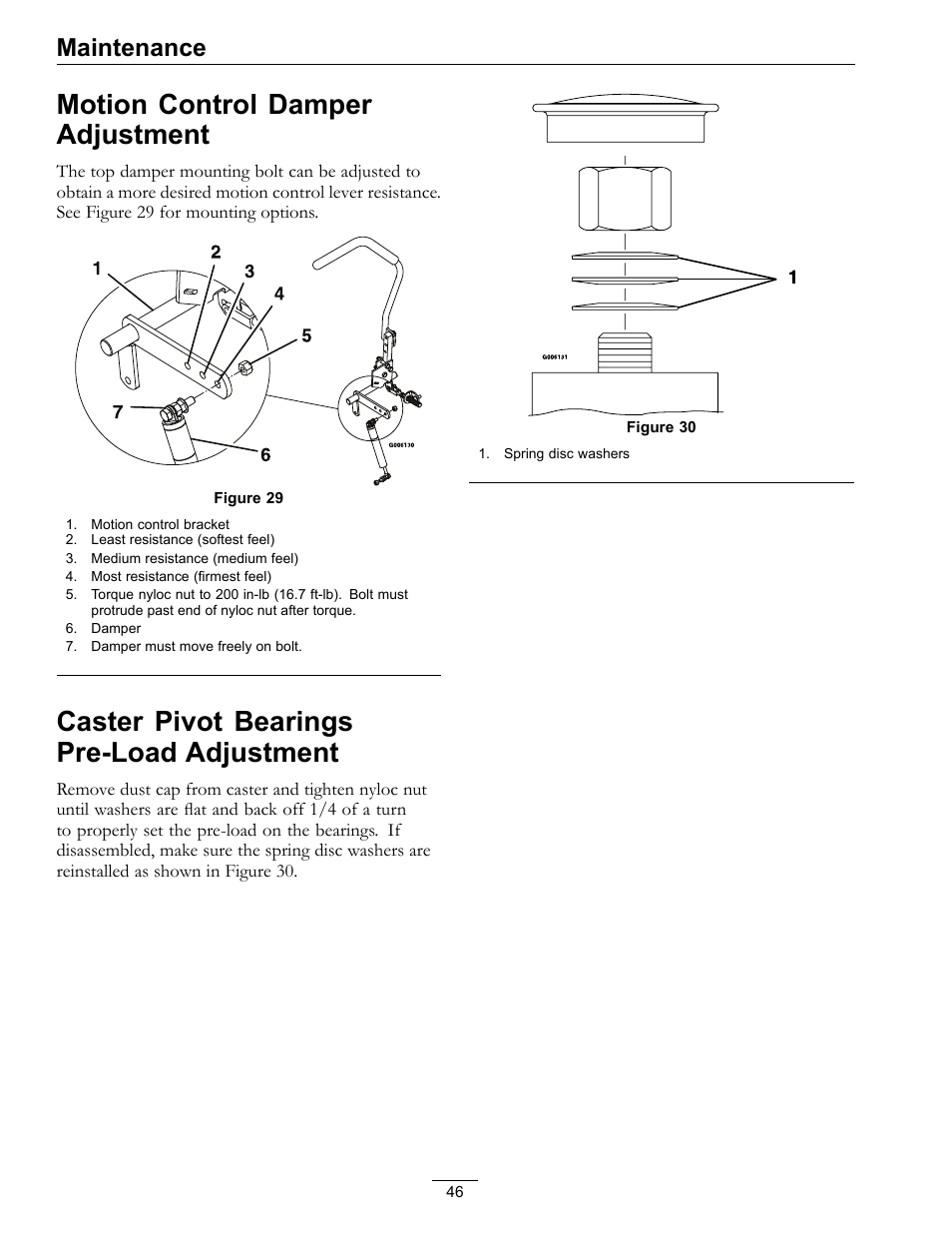 Adjustment, Motion control damper adjustment, Caster pivot bearings pre-load adjustment | Maintenance | Exmark Lazer Z D-Series 920 User Manual | Page 46 / 60