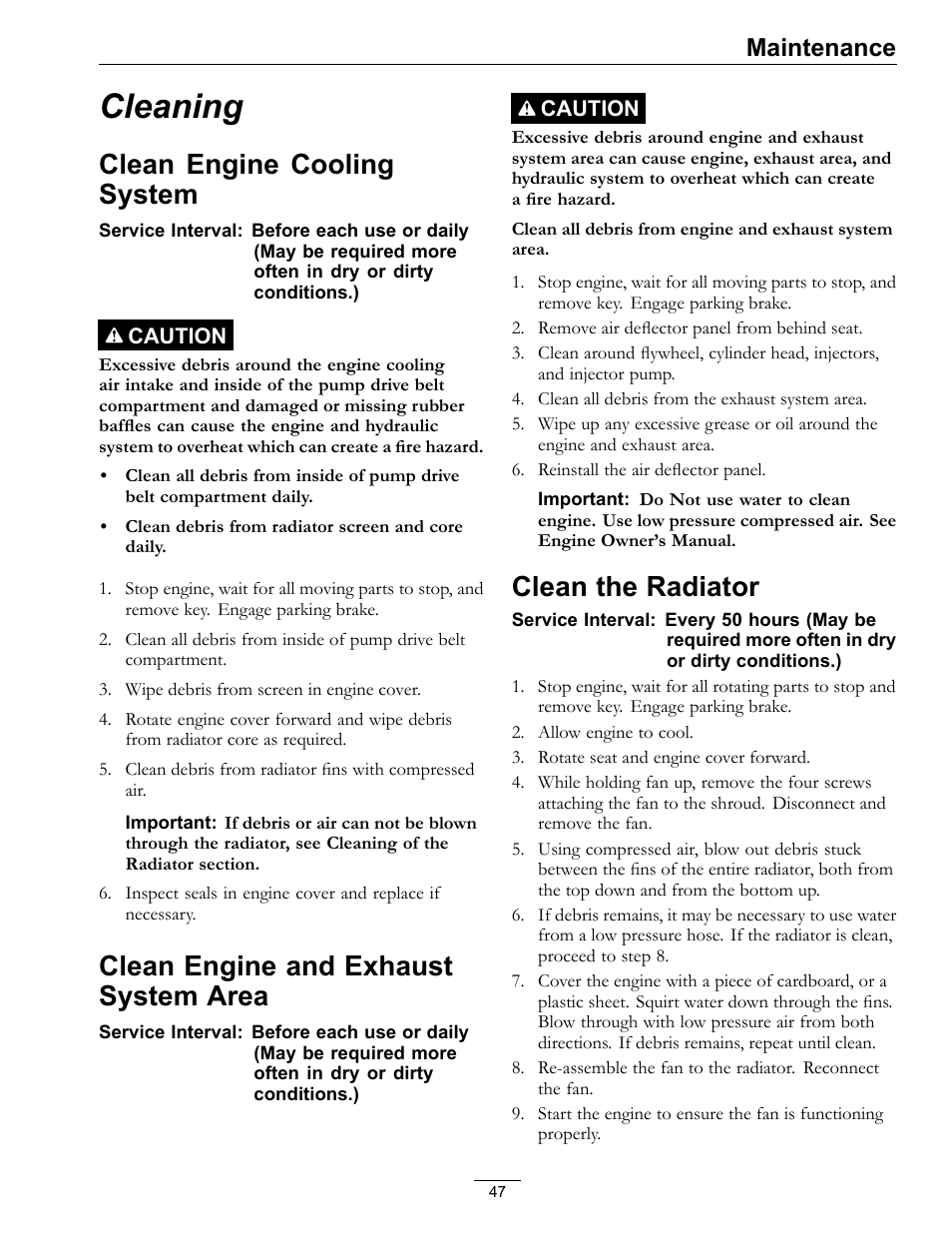 Cleaning, Area, Clean the radiator | Clean engine cooling system, Clean engine and exhaust system area, Maintenance | Exmark Lazer Z D-Series 920 User Manual | Page 47 / 60