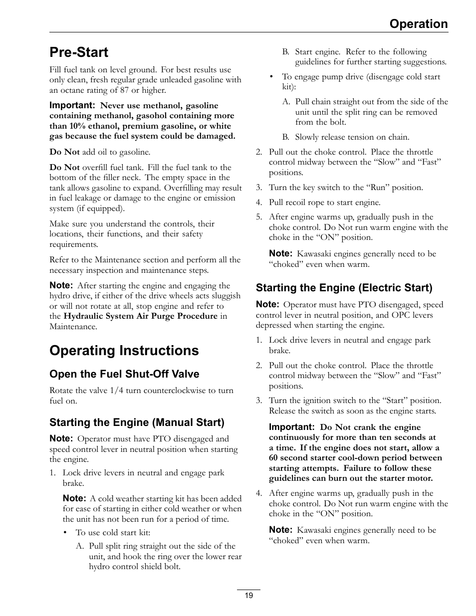 Pre-start operating instructions, Pre-start, Operating instructions | Operation | Exmark Turf Tracer HP 4500-540 Rev. B User Manual | Page 19 / 48