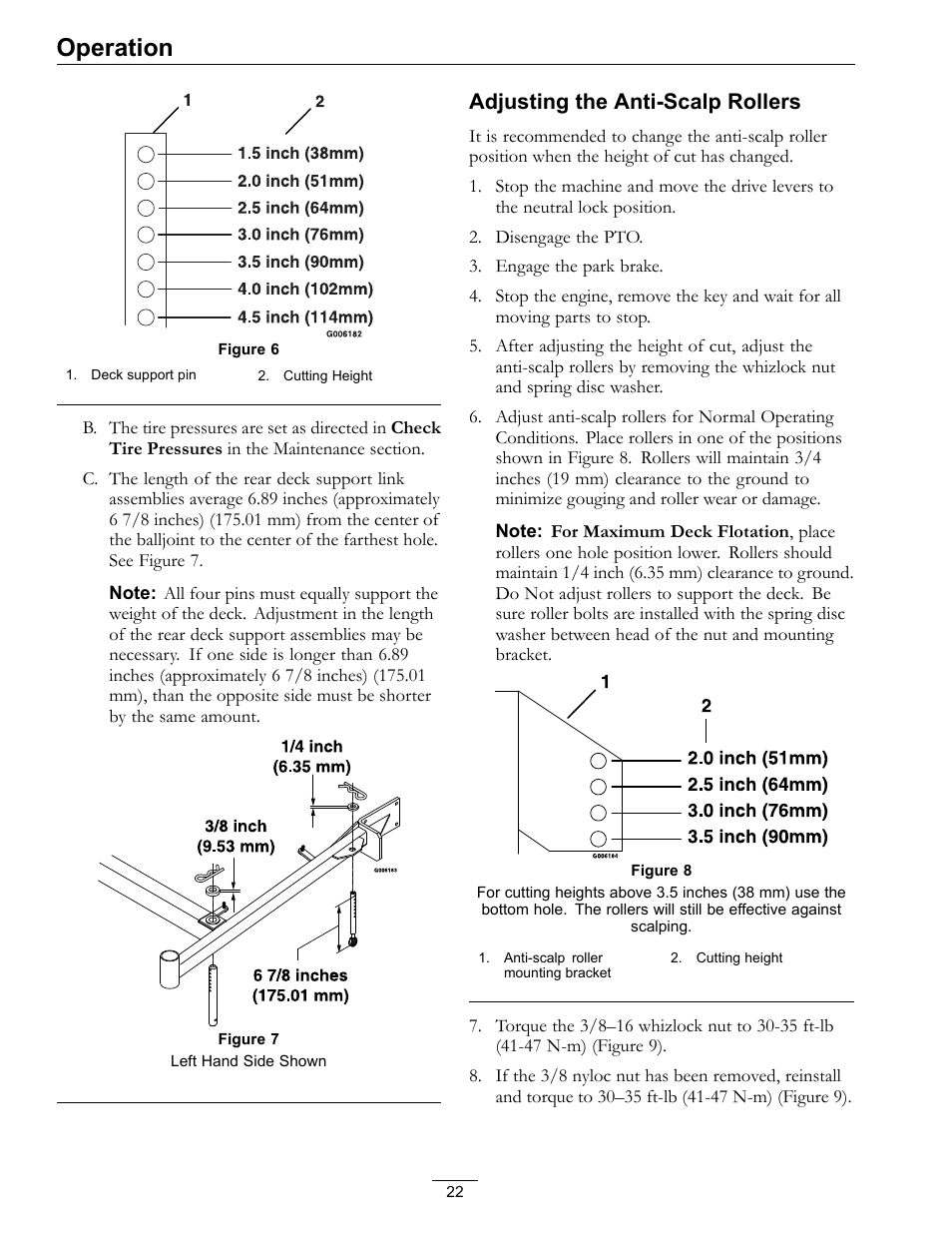 Operation, Adjusting the anti-scalp rollers | Exmark Turf Tracer HP 4500-540 Rev. B User Manual | Page 22 / 48