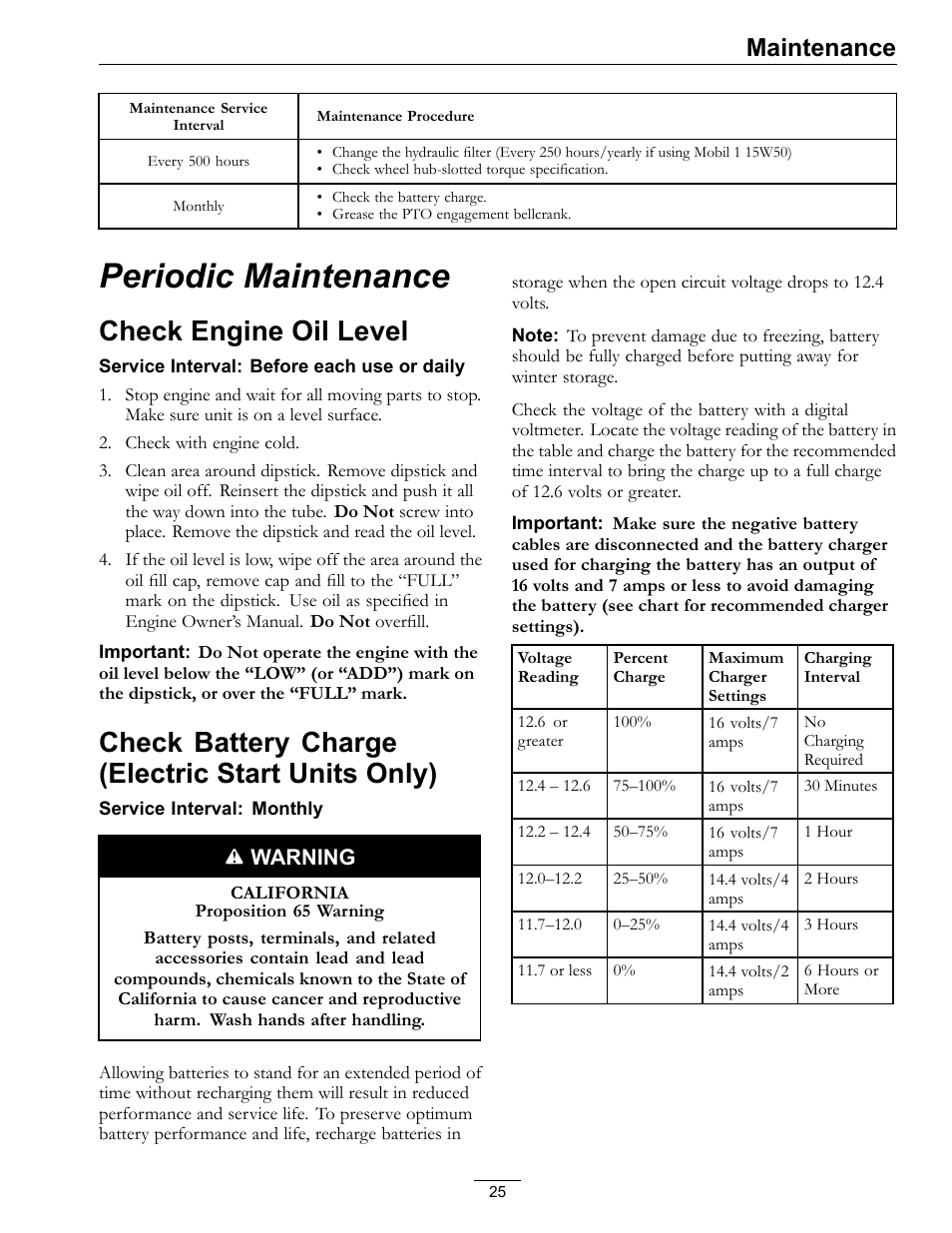 Periodic maintenance, Only), Check engine oil level | Check battery charge (electric start units only), Maintenance | Exmark Turf Tracer HP 4500-540 Rev. B User Manual | Page 25 / 48