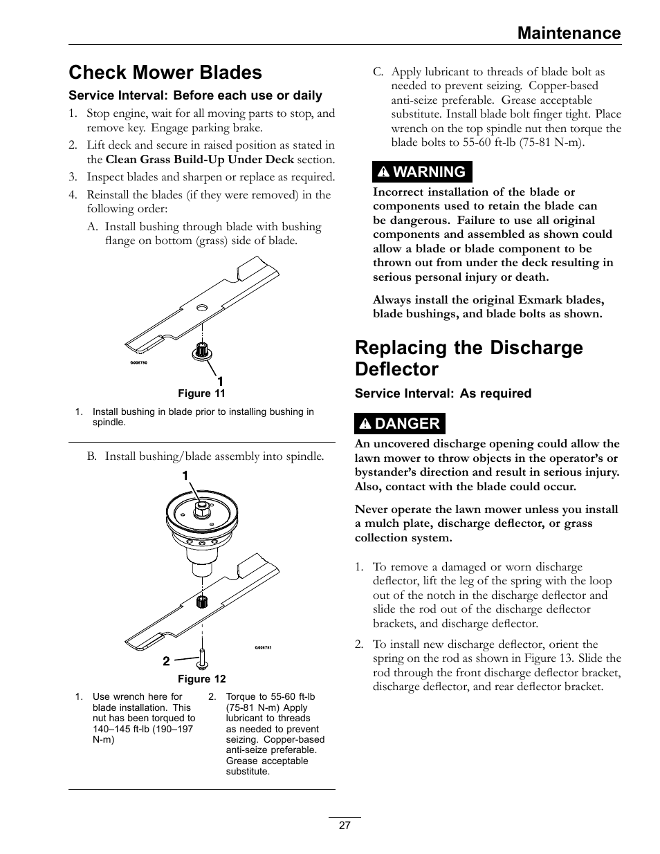 Check mower blades, Replacing the discharge deflector, Maintenance | Exmark Turf Tracer HP 4500-540 Rev. B User Manual | Page 27 / 48