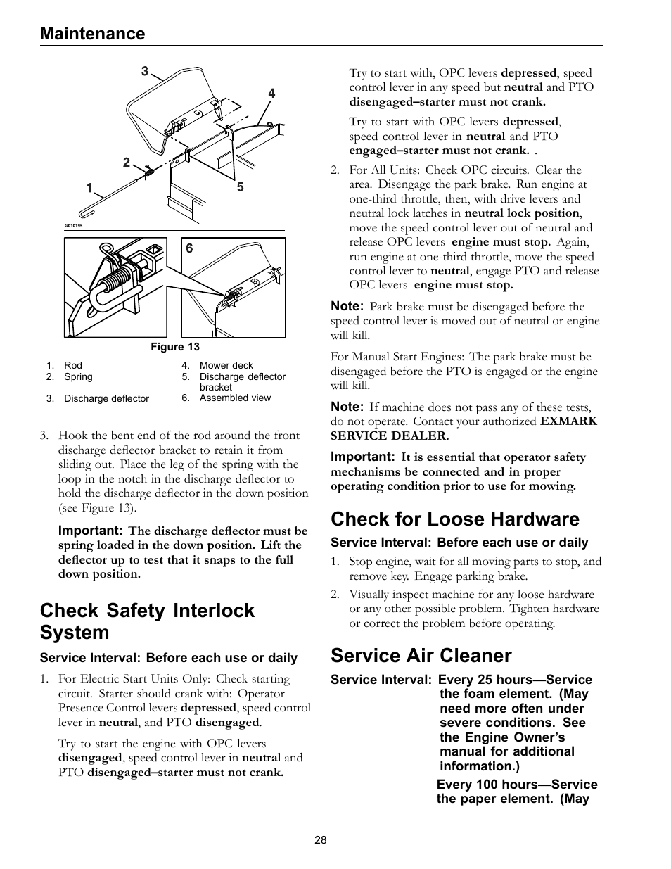 Check safety interlock system, Check for loose hardware, Service air cleaner | Maintenance | Exmark Turf Tracer HP 4500-540 Rev. B User Manual | Page 28 / 48