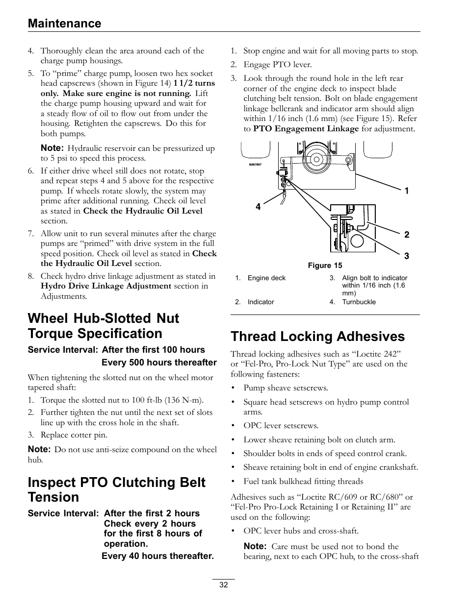 Wheel hub-slotted nut torque, Specification, Wheel hub-slotted nut torque specification | Inspect pto clutching belt tension, Thread locking adhesives, Maintenance | Exmark Turf Tracer HP 4500-540 Rev. B User Manual | Page 32 / 48