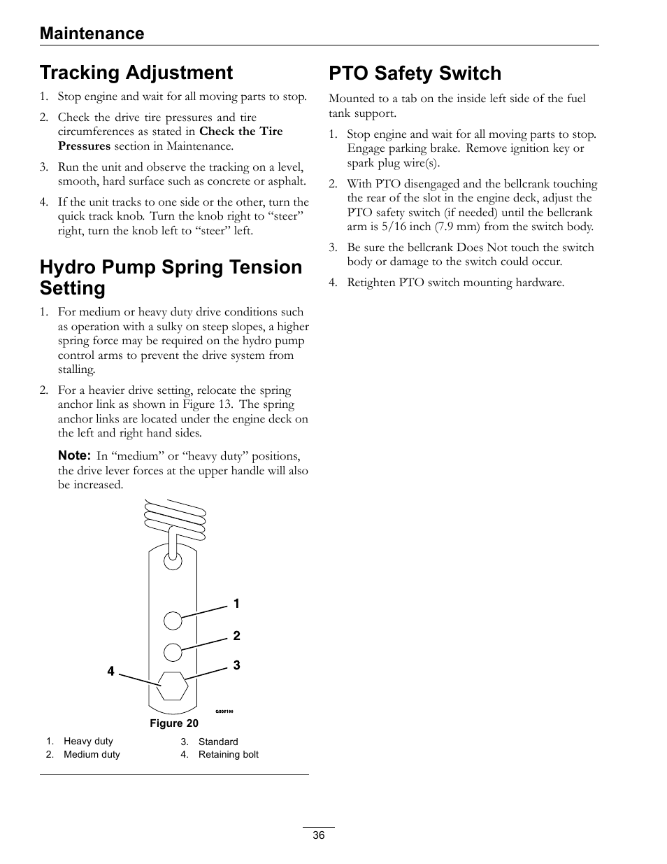 Tracking adjustment, Hydro pump spring tension setting, Pto safety switch | Maintenance | Exmark Turf Tracer HP 4500-540 Rev. B User Manual | Page 36 / 48