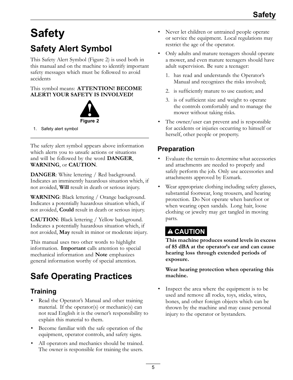 Safety, Safety alert symbol safe operating practices, Safety alert symbol | Safe operating practices | Exmark Turf Tracer HP 4500-540 Rev. B User Manual | Page 5 / 48