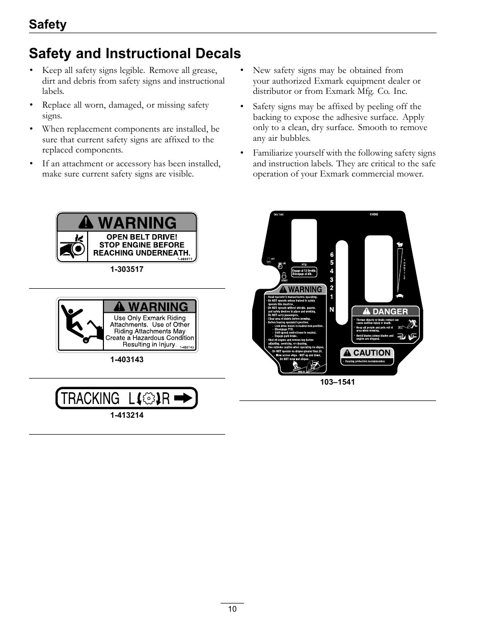 Safety and instructional decals, Safety | Exmark Turf Tracer 4500-528 User Manual | Page 10 / 44