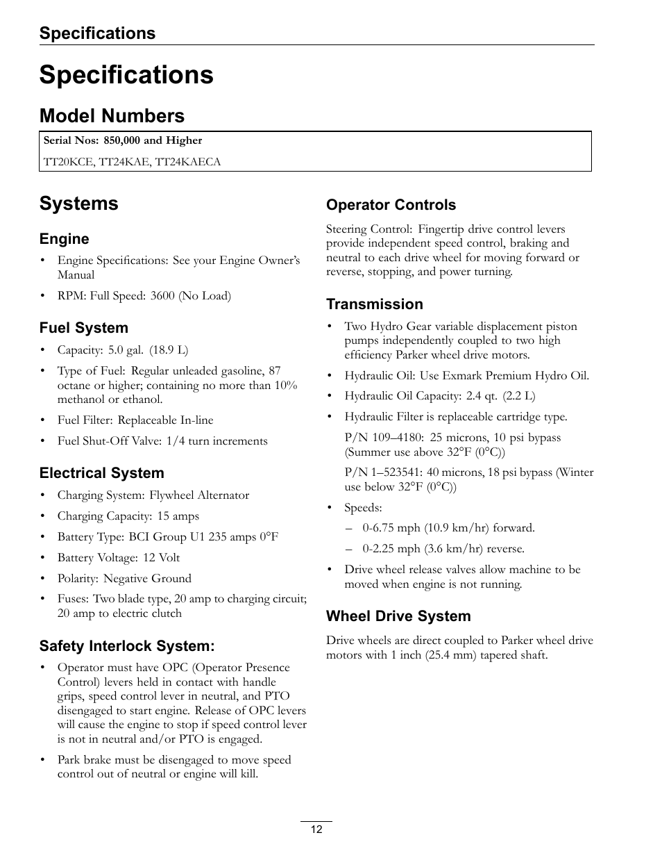 Specifications, Model numbers systems, Model numbers | Systems | Exmark Turf Tracer 4500-528 User Manual | Page 12 / 44