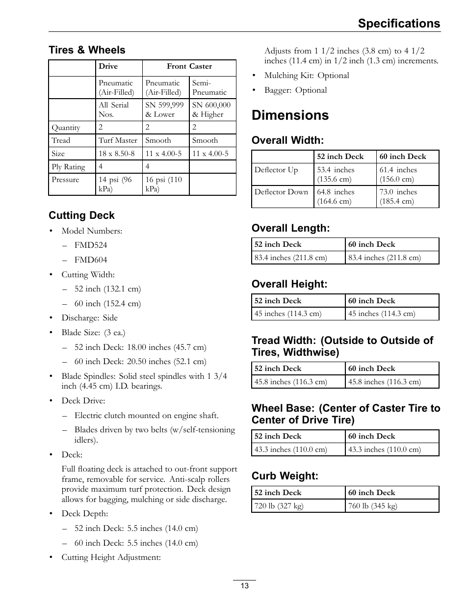 Dimensions, Specifications | Exmark Turf Tracer 4500-528 User Manual | Page 13 / 44
