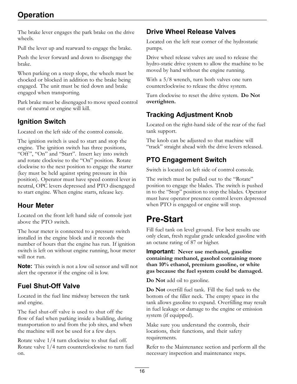 Pre-start, Operation | Exmark Turf Tracer 4500-528 User Manual | Page 16 / 44