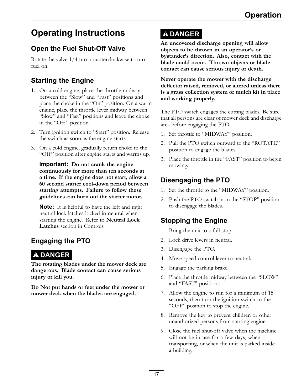 Operating instructions, Operation | Exmark Turf Tracer 4500-528 User Manual | Page 17 / 44