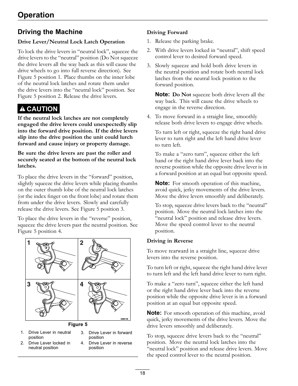 Operation, Driving the machine, Caution | Exmark Turf Tracer 4500-528 User Manual | Page 18 / 44