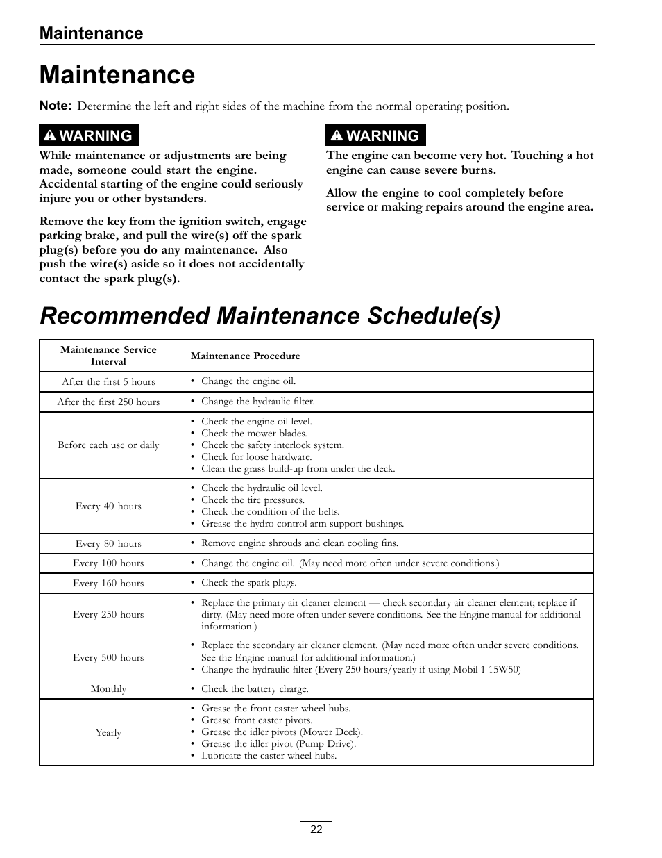 Maintenance, Recommended maintenance schedule(s), Warning | Exmark Turf Tracer 4500-528 User Manual | Page 22 / 44