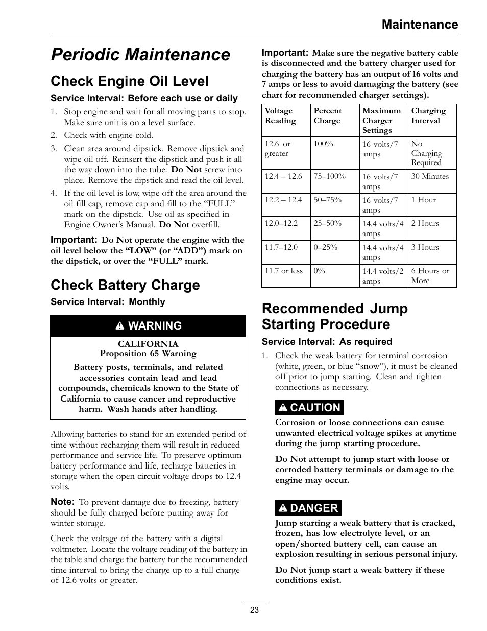 Periodic maintenance, Check engine oil level check battery charge, Check engine oil level | Check battery charge, Recommended jump starting procedure, Maintenance | Exmark Turf Tracer 4500-528 User Manual | Page 23 / 44