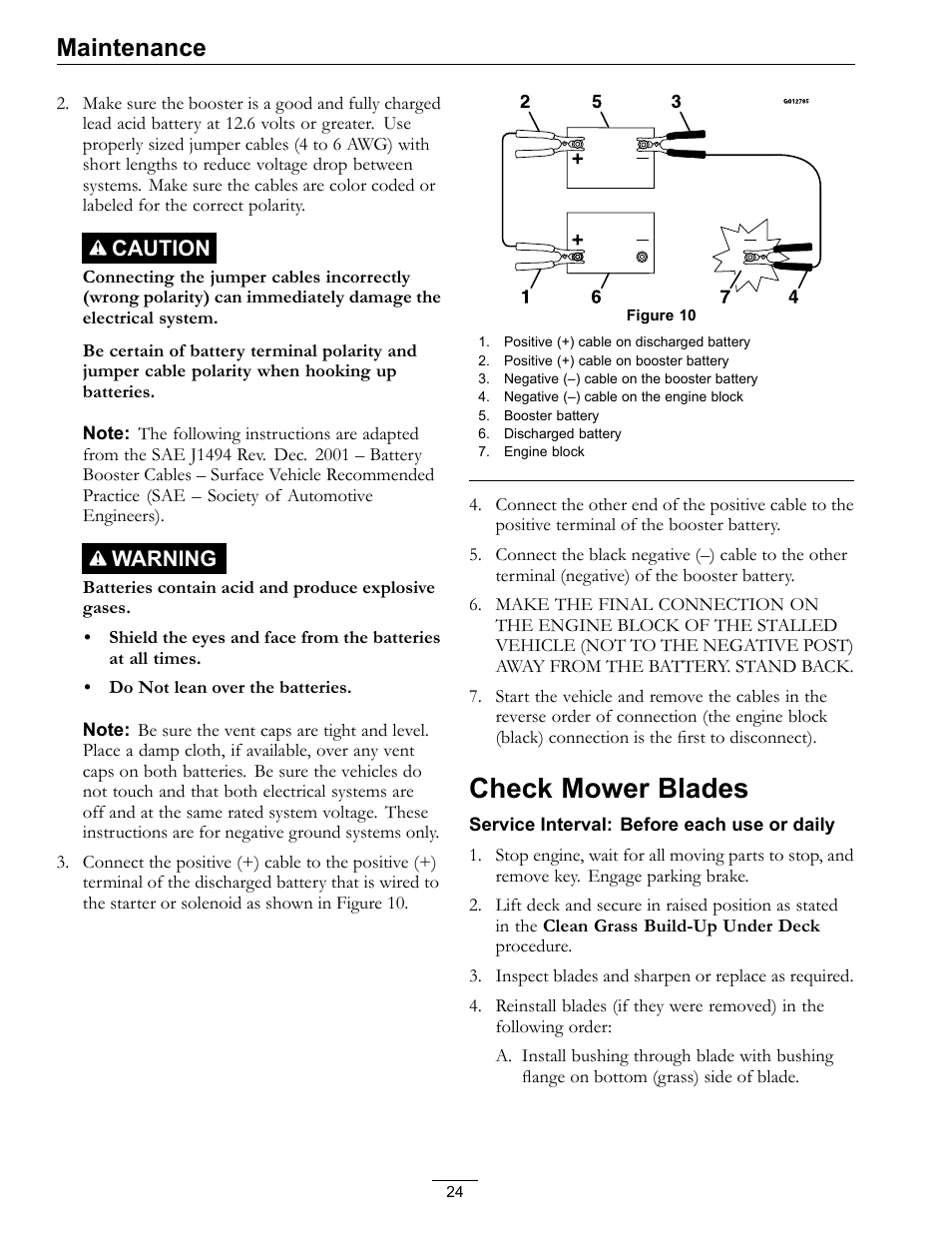 Check mower blades, Maintenance, Caution | Warning | Exmark Turf Tracer 4500-528 User Manual | Page 24 / 44