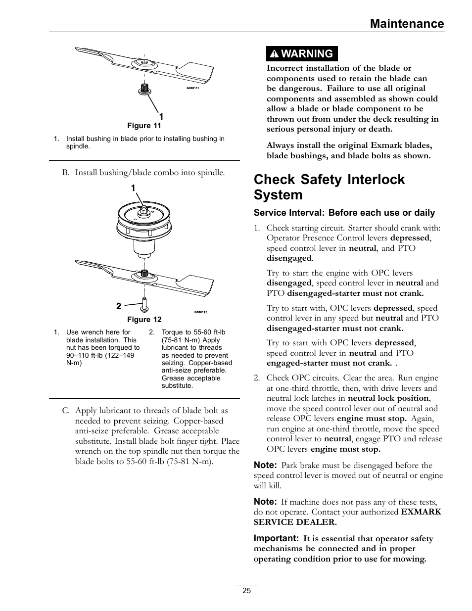 Check safety interlock system, Maintenance, Warning | Exmark Turf Tracer 4500-528 User Manual | Page 25 / 44