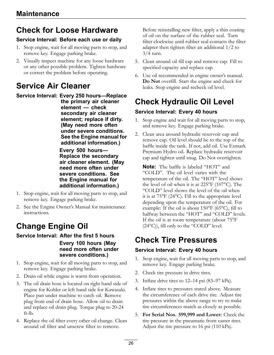 Check for loose hardware, Service air cleaner, Change engine oil | Check hydraulic oil level, Check tire pressures, Maintenance | Exmark Turf Tracer 4500-528 User Manual | Page 26 / 44