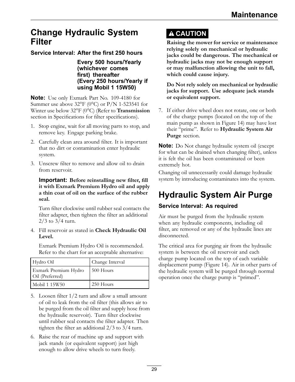 Change hydraulic system filter, Hydraulic system air purge, Maintenance | Exmark Turf Tracer 4500-528 User Manual | Page 29 / 44