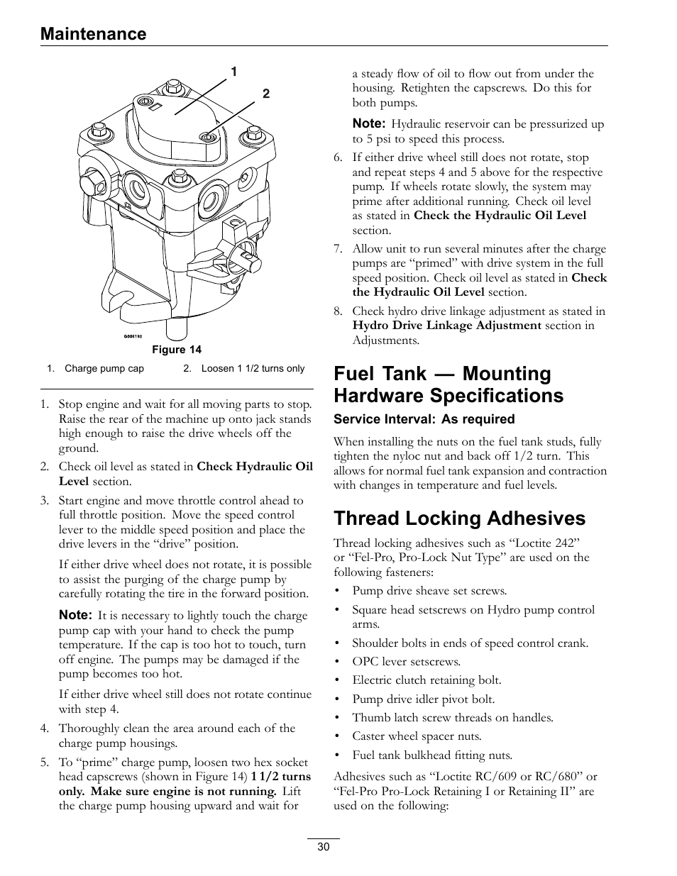 Thread locking adhesives, Fuel tank — mounting hardware specifications, Maintenance | Exmark Turf Tracer 4500-528 User Manual | Page 30 / 44
