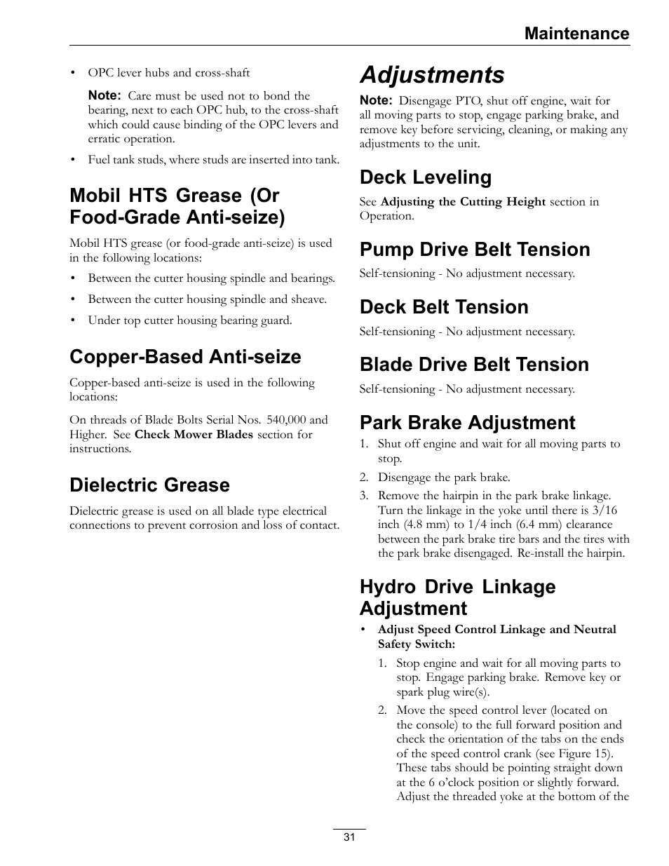 Mobil hts grease (or food-grade, Anti-seize), Copper-based anti-seize dielectric grease | Adjustments, Blade drive belt tension, Mobil hts grease (or food-grade anti-seize), Copper-based anti-seize, Dielectric grease, Deck leveling, Pump drive belt tension | Exmark Turf Tracer 4500-528 User Manual | Page 31 / 44