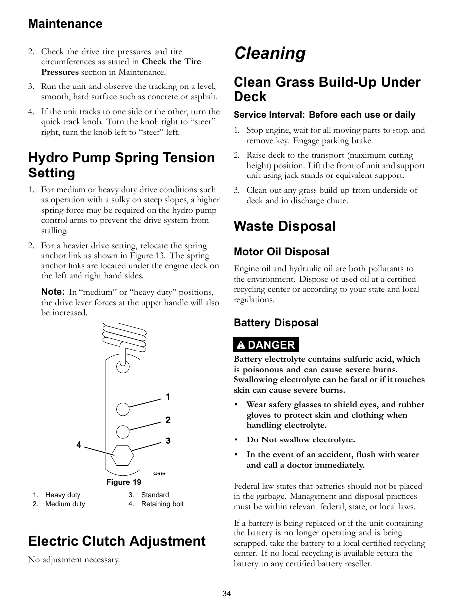 Hydro pump spring tension setting, Electric clutch adjustment, Cleaning | Clean grass build-up under deck waste disposal, Clean grass build-up under deck, Waste disposal, Maintenance | Exmark Turf Tracer 4500-528 User Manual | Page 34 / 44