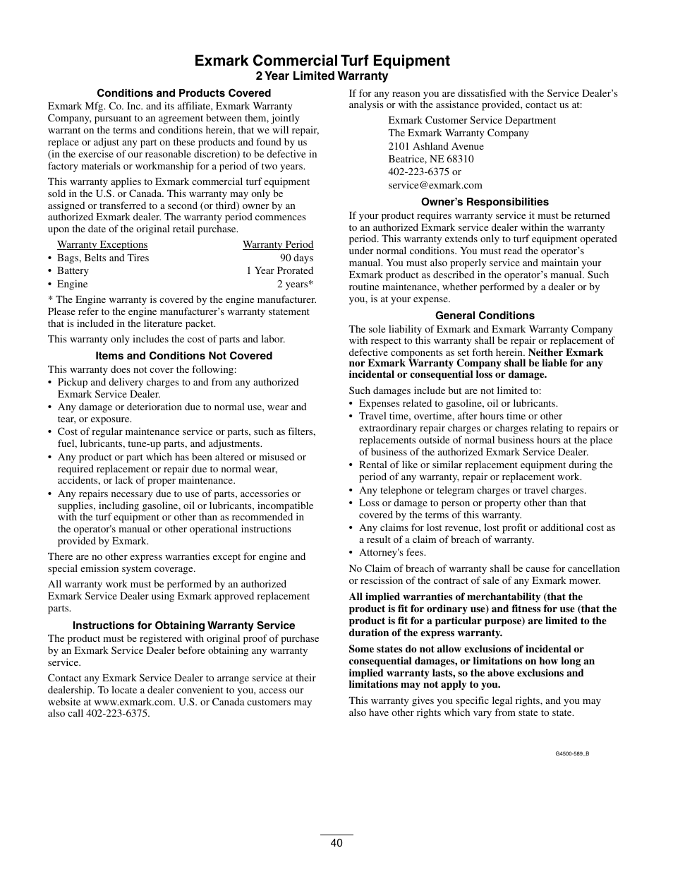 Exmark commercial turf equipment | Exmark Turf Tracer 4500-528 User Manual | Page 40 / 44