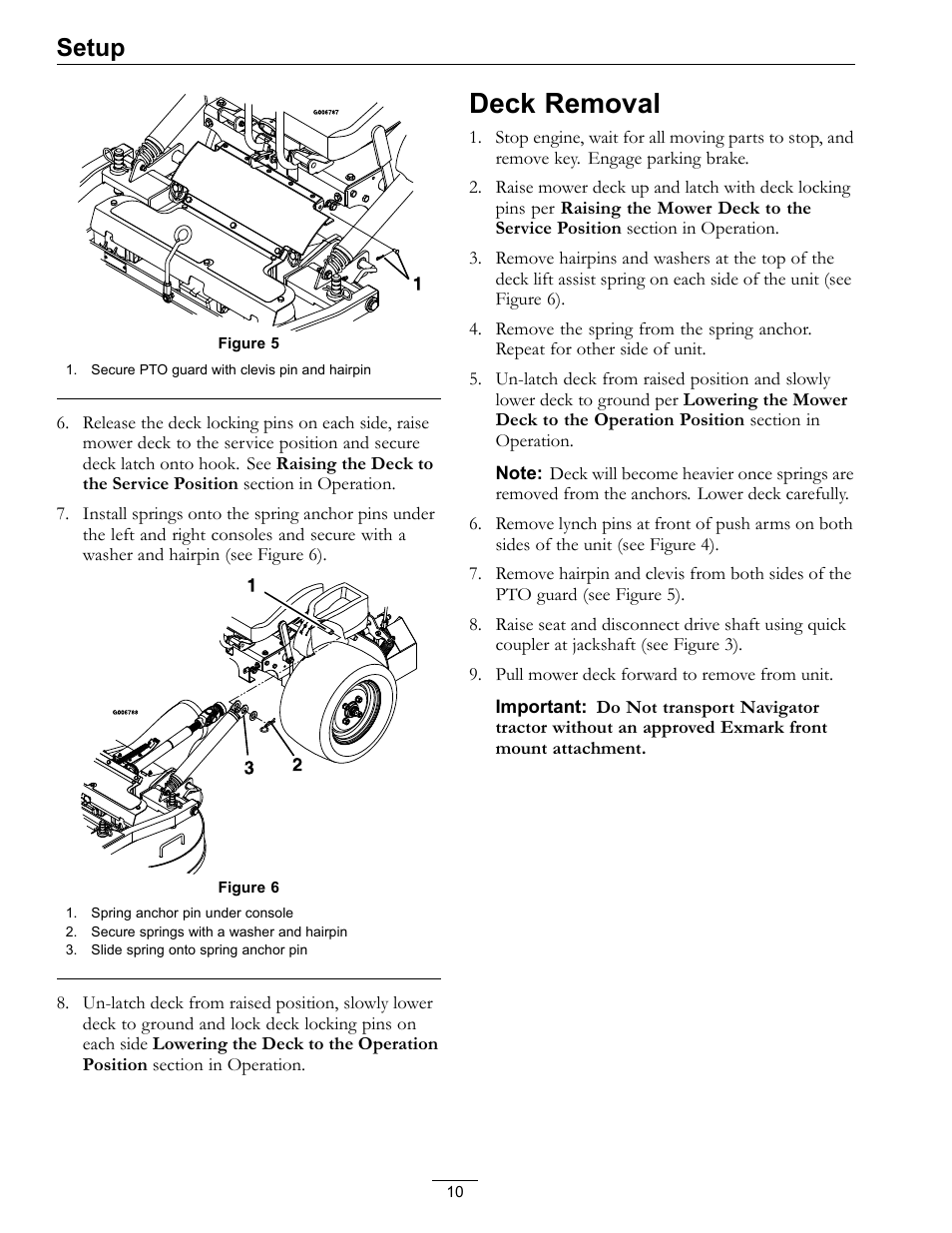 Deck removal, Setup | Exmark 4500-370 User Manual | Page 10 / 24