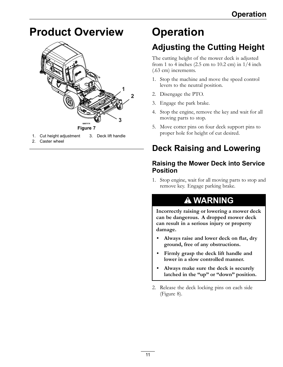 Product overview operation, Product overview, Adjusting the cutting height | Deck raising and lowering, Warning, Operation | Exmark 4500-370 User Manual | Page 11 / 24