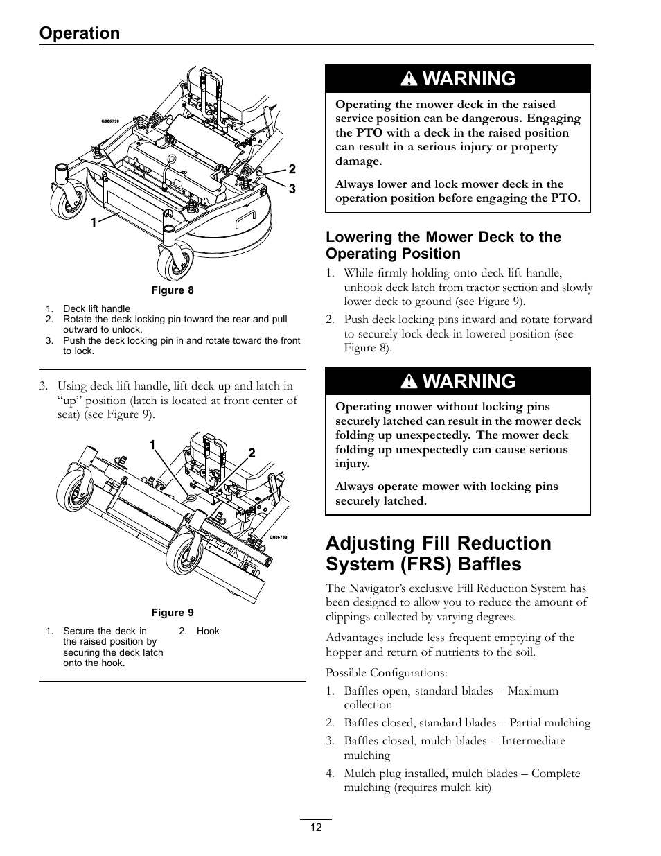 Adjusting fill reduction system (frs), Baffles, Warning | Adjusting fill reduction system (frs) baffles, Operation, Lowering the mower deck to the operating position | Exmark 4500-370 User Manual | Page 12 / 24