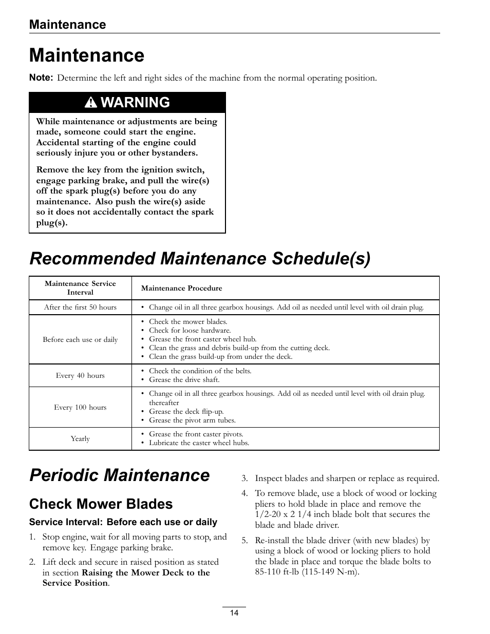 Maintenance, Check mower blades, Recommended maintenance schedule(s) | Periodic maintenance, Warning | Exmark 4500-370 User Manual | Page 14 / 24