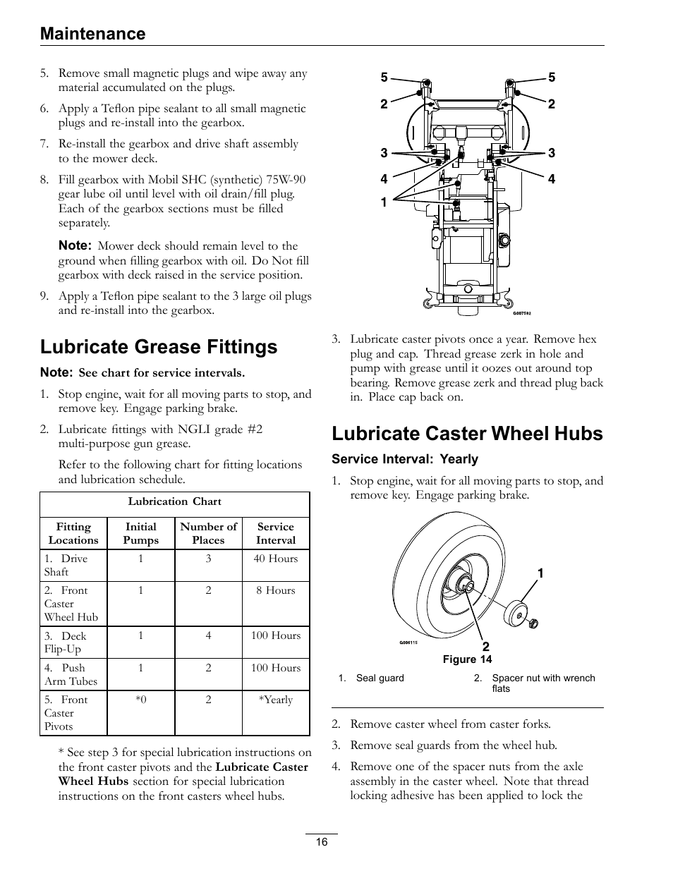 Lubricate grease fittings, Lubricate caster wheel hubs, Maintenance | Exmark 4500-370 User Manual | Page 16 / 24