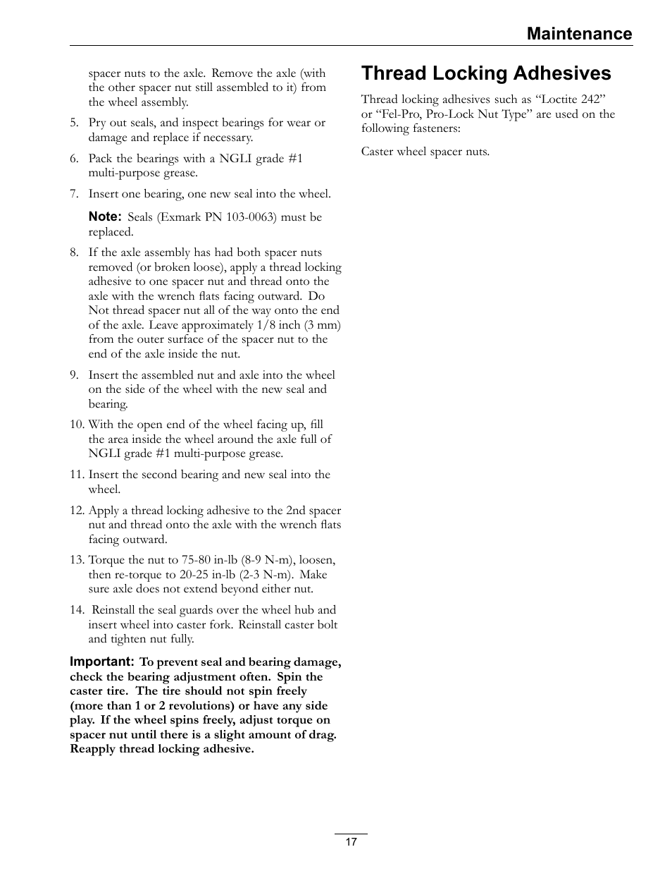 Thread locking adhesives, Maintenance | Exmark 4500-370 User Manual | Page 17 / 24