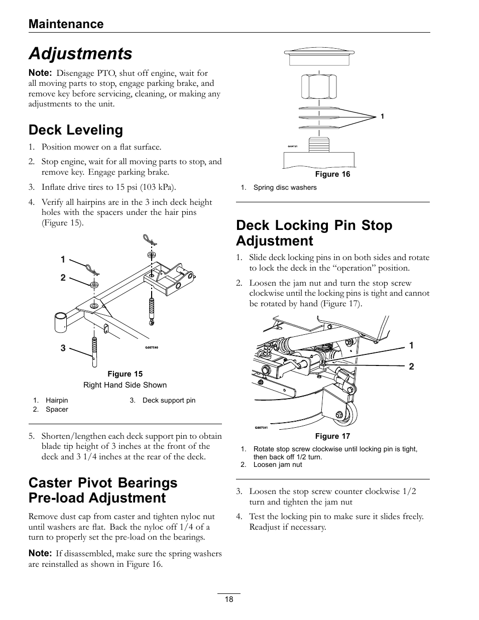 Adjustments, Deck leveling, Caster pivot bearings pre-load | Adjustment, Deck locking pin stop adjustment, Caster pivot bearings pre-load adjustment, Maintenance | Exmark 4500-370 User Manual | Page 18 / 24
