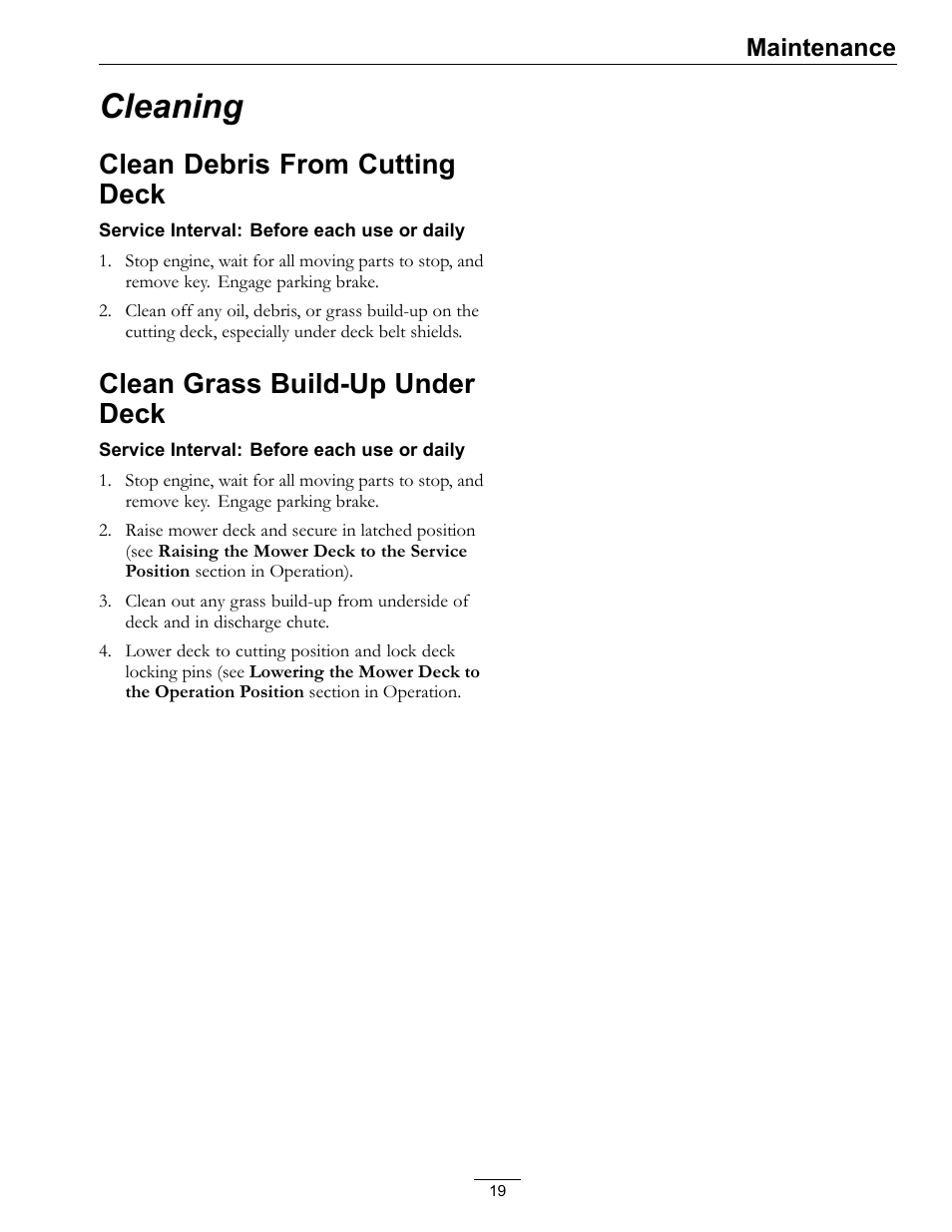 Cleaning, Clean debris from cutting deck, Clean grass build-up under deck | Maintenance | Exmark 4500-370 User Manual | Page 19 / 24