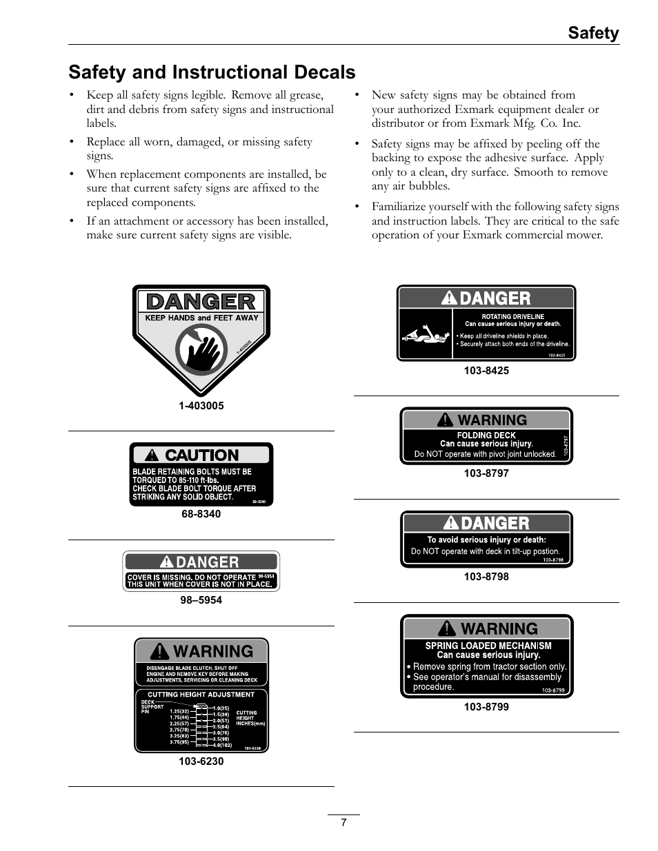 Safety and instructional decals, Safety | Exmark 4500-370 User Manual | Page 7 / 24